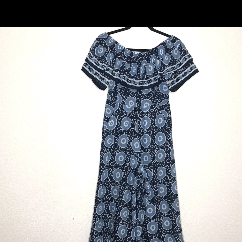 Off-Shoulder Blue Patterned Jumpsuit - image 2
